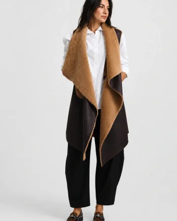 Vesta lunga dama reversibila din blana artificiala maro-camel cu rever amplu