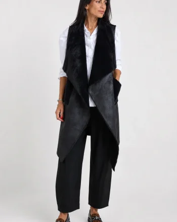 Vesta lunga dama reversibila din blana artificiala cu rever amplu, neagra