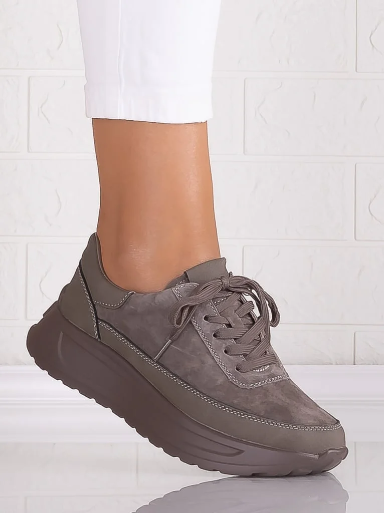 Pantofi dama casual Gri inchis din Piele Naturala Intoarsa Morela