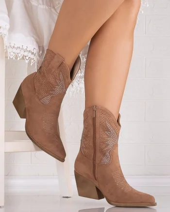 Botine dama Camel din Piele Ecologica Intoarsa Jemina