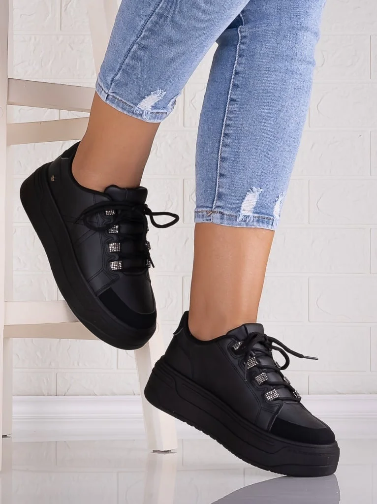 Sneakers dama cu platforma Negri din Piele Ecologica Davena
