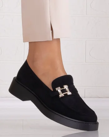 Pantofi dama casual Negri din Piele Ecologica Intoarsa Zawina
