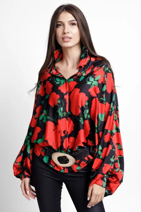 Camasa din satin oversize, cu maneci bufante si imprimeu flori rosii pe fond negru