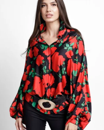 Camasa din satin oversize, cu maneci bufante si imprimeu flori rosii pe fond negru