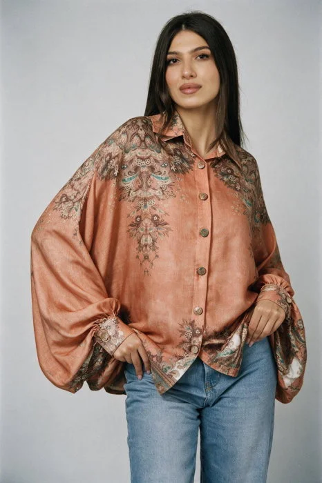 Camasa din satin oversize, cu maneci bufante si imprimeu floral, portocalie