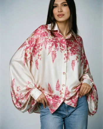 Camasa din satin oversize, cu maneci bufante si imprimeu floral roz