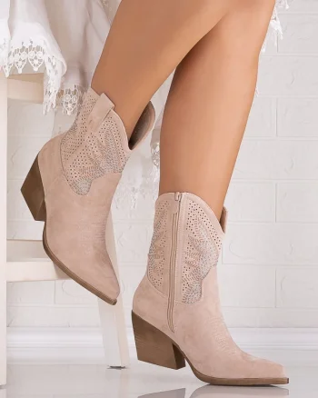 Botine dama Bej din Piele Ecologica Intoarsa Jemina