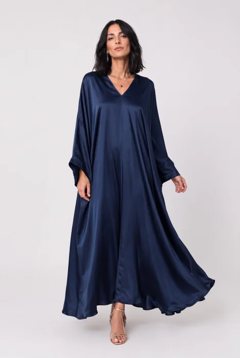 Rochie lunga tip caftan din satin cu matase si vascoza - bleumarin