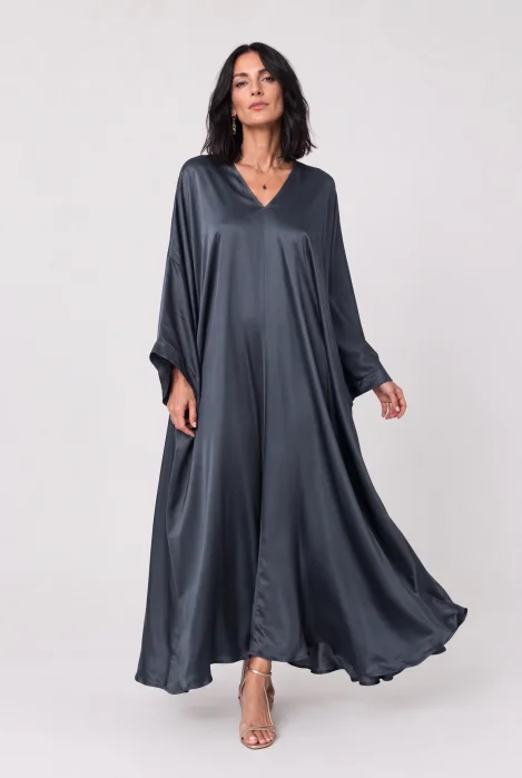 Rochie lunga tip caftan din satin cu matase si vascoza - gri