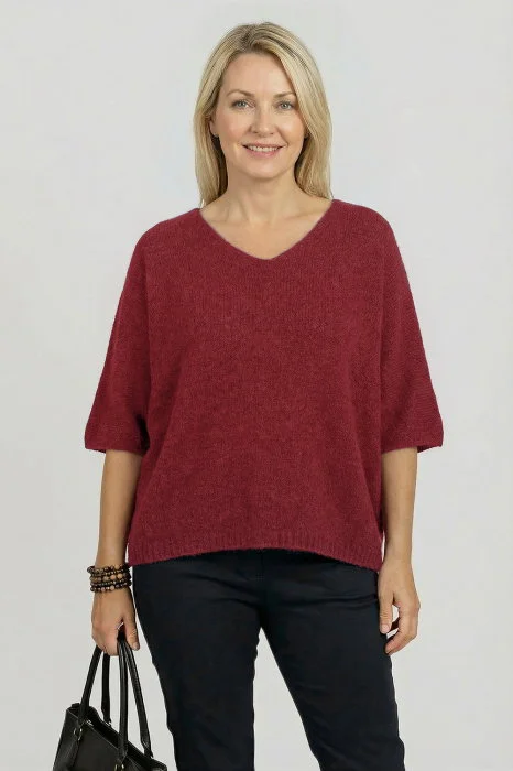 Pulover pufos cu alpaca, oversize cu maneca fluture, bordo