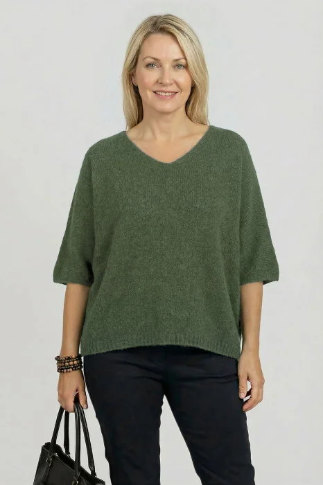 Pulover pufos cu alpaca, oversize cu maneca fluture, verde pastelat