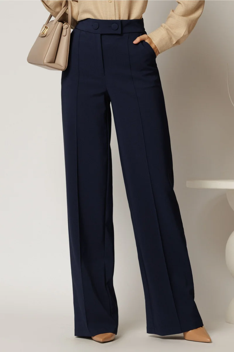 Pantaloni dama bleumarin cu croi drept si inchidere cu doi nasturi