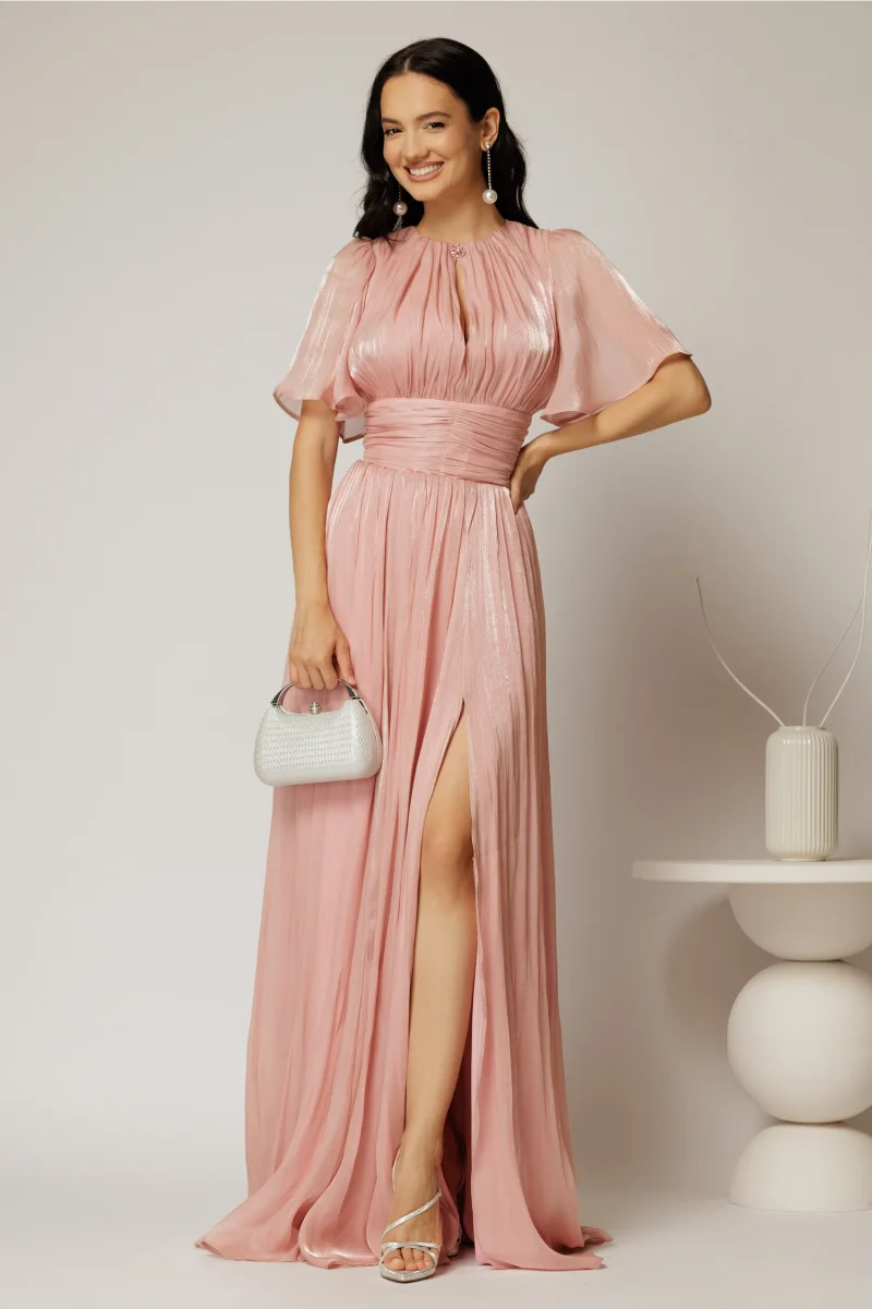 Rochie DY Fashion lunga roz de seara din voal peliculizat