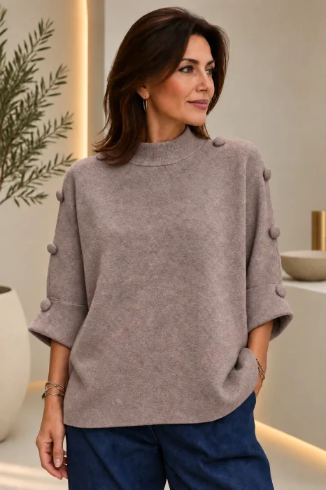 Pulover versatil cu maneca fluture si nasturi decorativi, negru