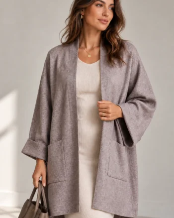 Cardigan lung oversize din vascoza, cu buzunare aplicate si croi amplu, bej inchis
