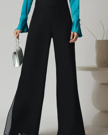Pantaloni eleganti din voal negri cu dublura si crepeuri