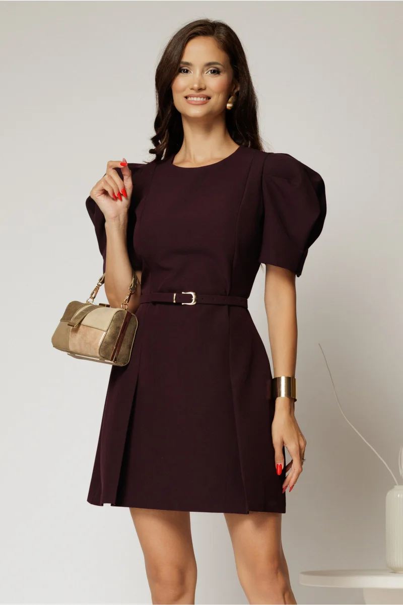 Rochie DY Fashion scurta mov cu maneci scurte si pliuri pe fusta