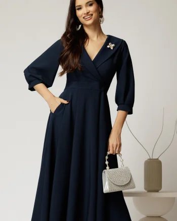 Rochie office din stofa bleumarin cu bust petrecut si rever