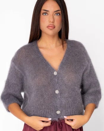 Pulover cu nasturi mix de lana si mohair Grey Anthracite