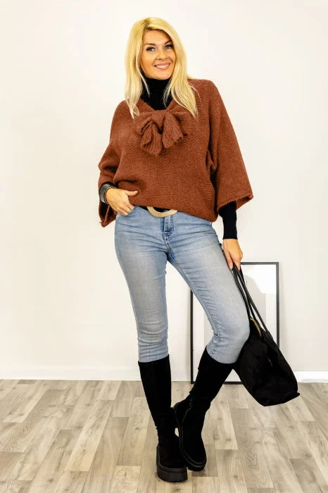 Pulover reversibil caramiziu, oversize cu funda si maneca fluture