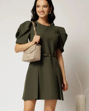 Rochie DY Fashion scurta kaki cu maneci scurte si pliuri pe fusta