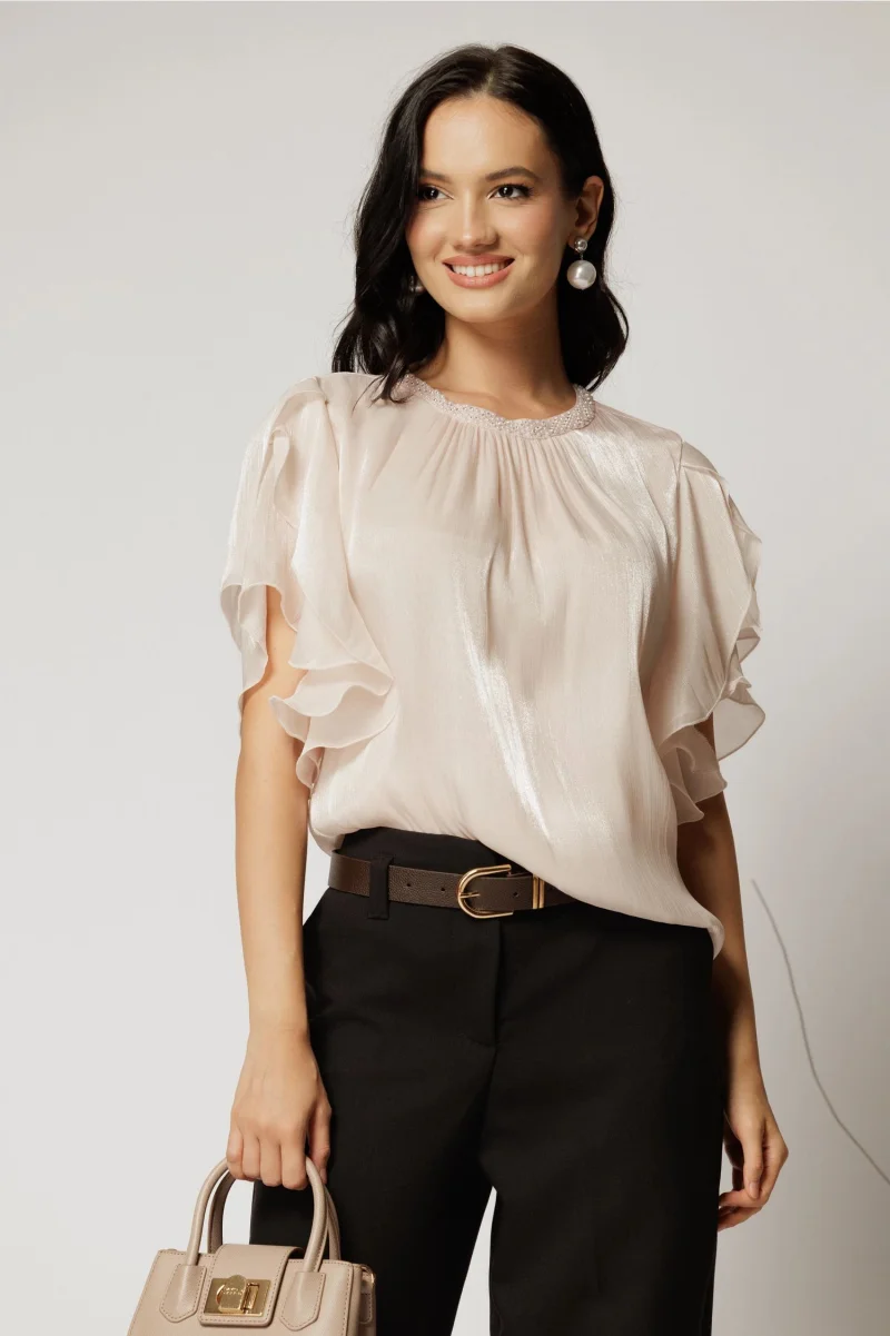 Bluza DY Fashion ivoar din voal peliculizat cu maneci suprapuse