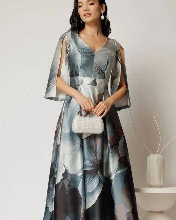 Rochie midi gri satinata cu imprimeu floral bleu
