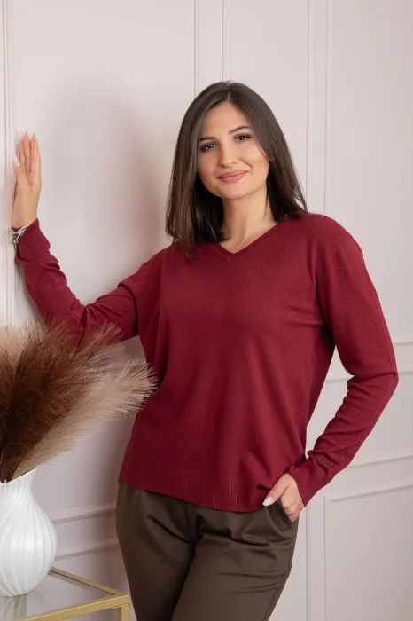 Pulover dama grena cu casmir si decolteu in V Doreen