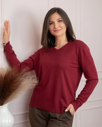 Pulover dama grena cu casmir si decolteu in V Doreen