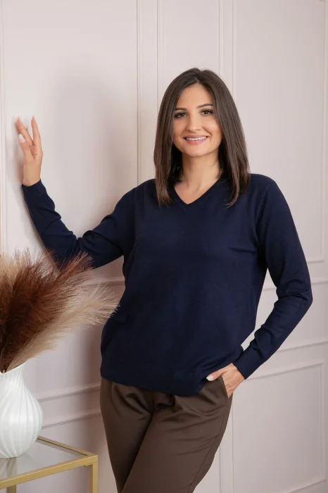 Pulover dama bleumarin cu casmir si decolteu in V Doreen