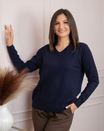 Pulover dama bleumarin cu casmir si decolteu in V Doreen