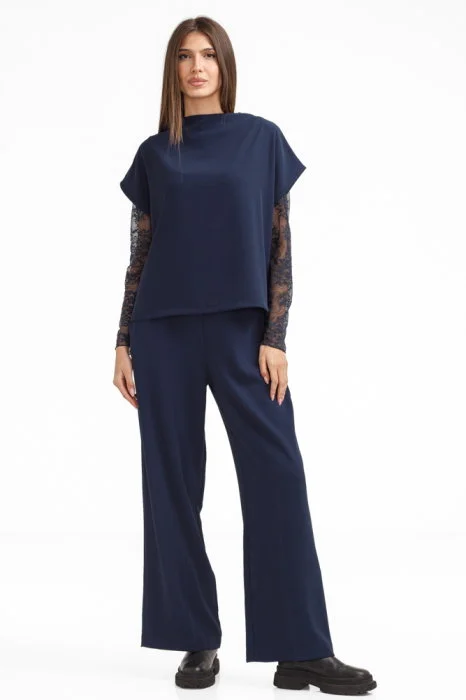 Compleu elegant dama cu bluza si pantaloni drepti, bleumarin