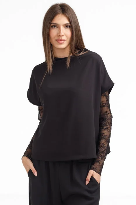 Compleu elegant dama cu bluza si pantaloni drepti, negru