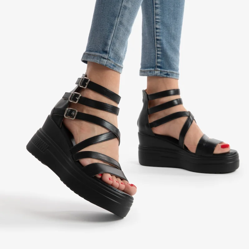 SANDALE DIN PIELE ECOLOGICA CU PLATFORMA CRL0751 NEGRU