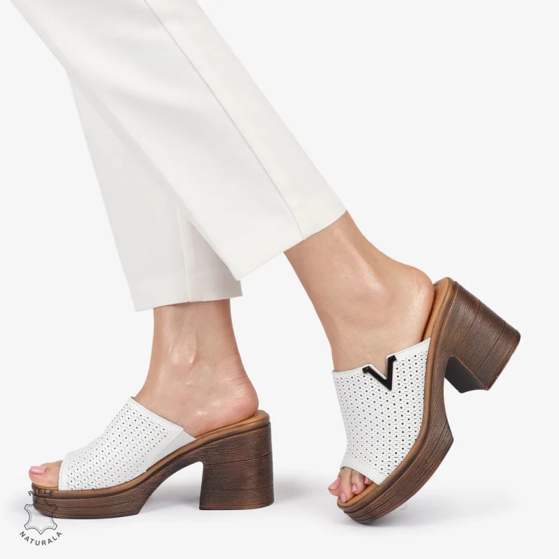 Sandale elegante din piele naturală CU TOC GROS SI INALT CRL1405 ALB