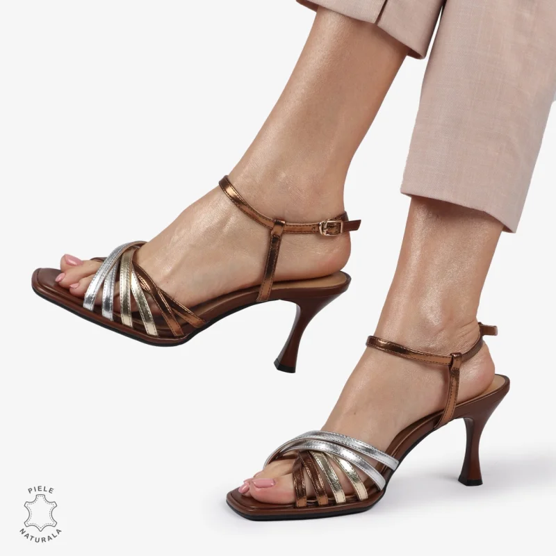 PANTOFI ELEGANTI DIN PIELE NATURALA CU TOC SUBTIRE SI VARF PATRAT CRL01386 BRONZ
