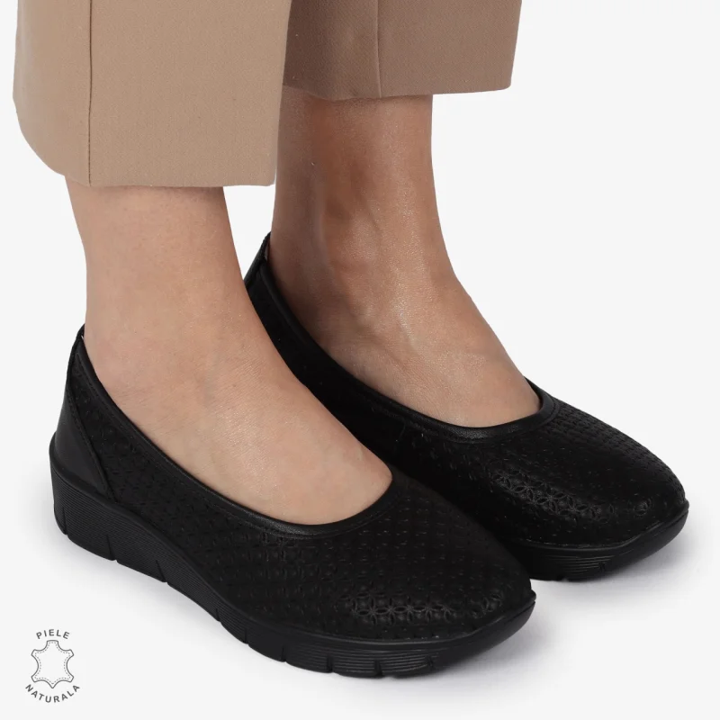 Balerini dama din Piele Naturala cu talpa groasa CRL01382 NEGRU