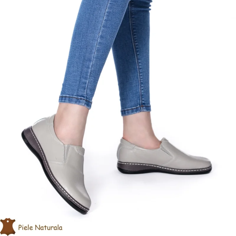 Mocasini dama din piele naturala cu talpa plata CRL0014 GRI