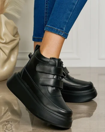 Ghete casual din piele naturală talpa solida cu Velcro si fermoar CRL1512 NEGRU