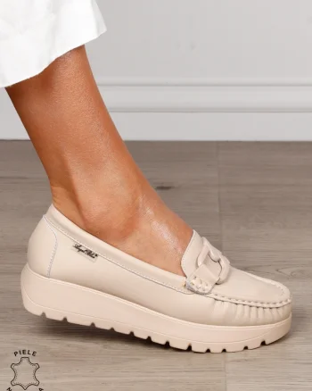 MOCASINI damă din piele naturală cu talpa inalta si catarama CRL1581 KHAKI