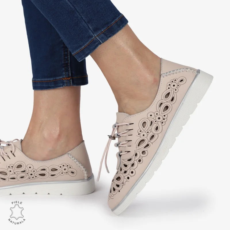 PANTOFI CASUAL dama din Piele naturala PERFORATA CU MODEL CRL1356 ROZ