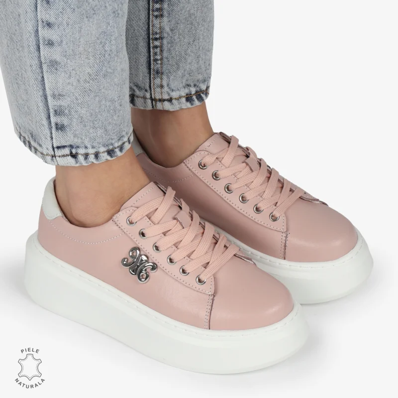 PANTOFI CASUAL dama din Piele naturala CU CATARAMA LATERALA SIRET CRL1347 ROZ