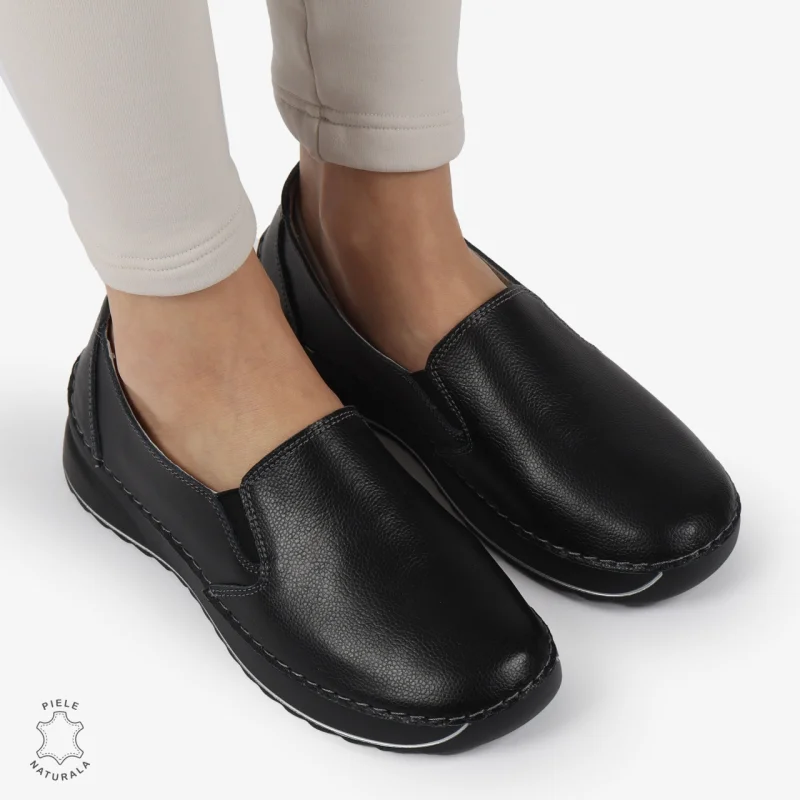 Pantofi Casual dama din Piele naturala USORI TIP SLIP-ON CRL1339 NEGRU