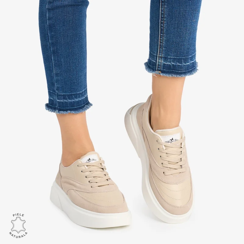 Pantofi casual dama piele naturala si piele naturala intoarsa CRL0872 BEJ