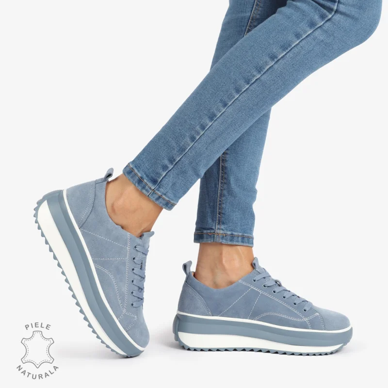 Pantofi Casual de dama din Piele Naturala INTOARSA CU CUSATURI DECORATIVE CRL1220 ALBASTRU