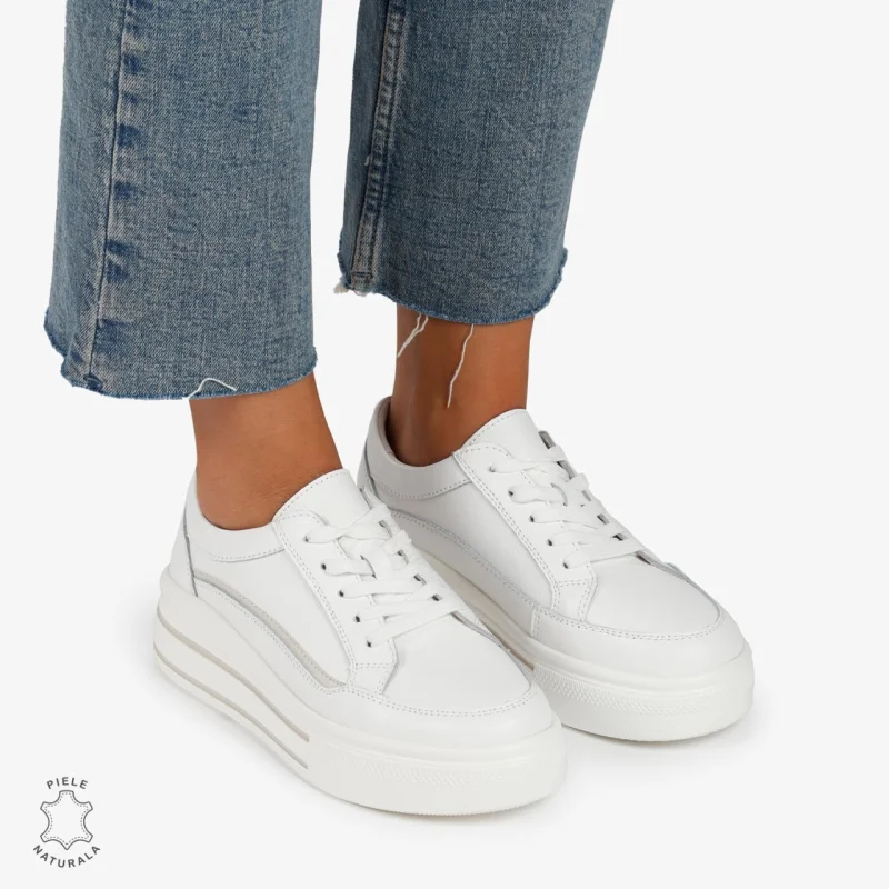 Pantofi Casual de dama din Piele Naturala cu talpa inalta si Dungi CRL1203 Alb