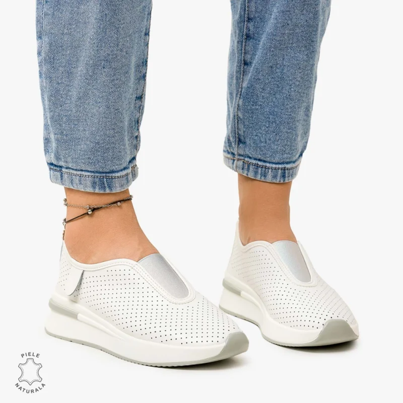 Pantofi Casual de dama din Piele Naturala PERFORATA CU ELASTIC CRL1200 ALB