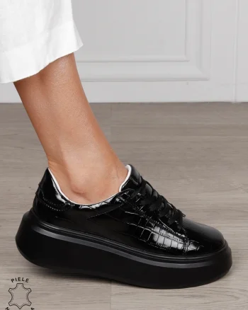 Pantofi Casual dama din Piele Naturala Lacuita CRL1552 NEGRU