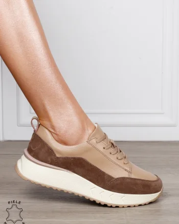 Pantofi Casual Damă din Piele Naturală cu Șiret și Design în Combinație de Culori CAMEL CRL1800