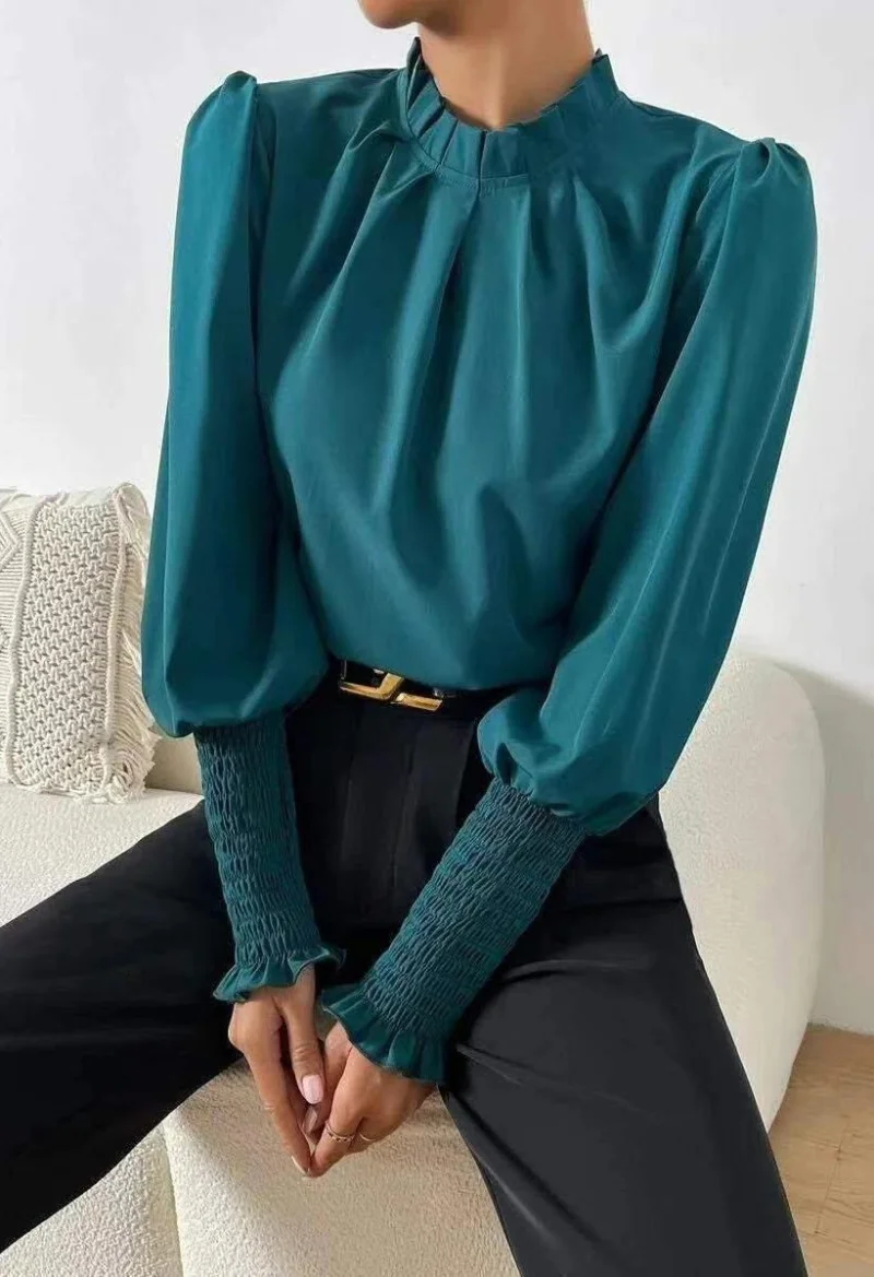 Bluza dama eleganta din voal turcoaz, cu maneca lunga, Fabia